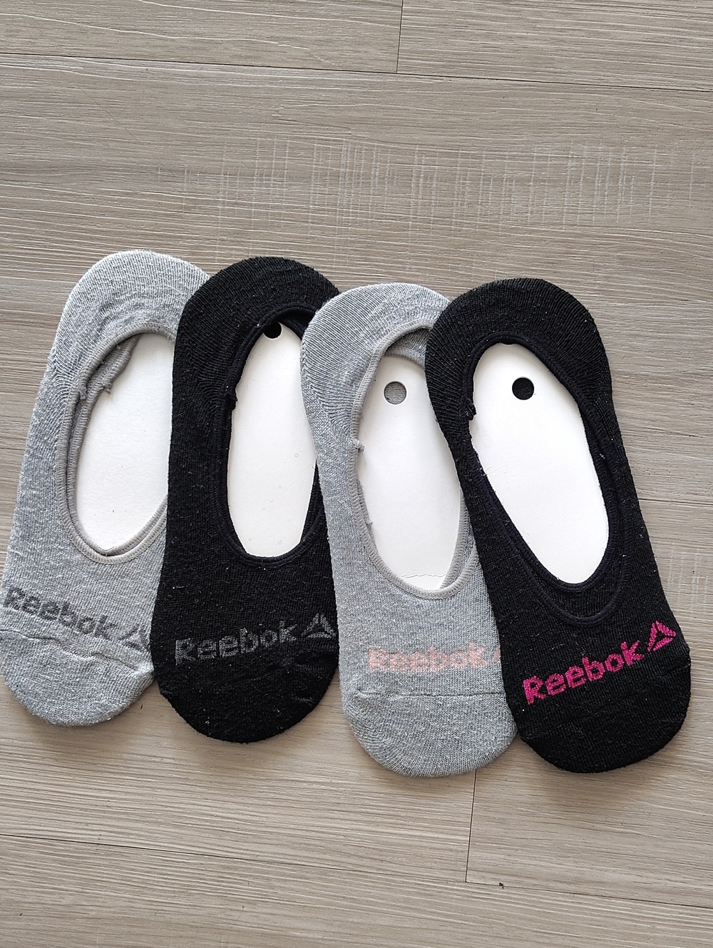 Reebok No-Show Liner Socks — Black & Gray with Pink Logo Accents (4-Pack)